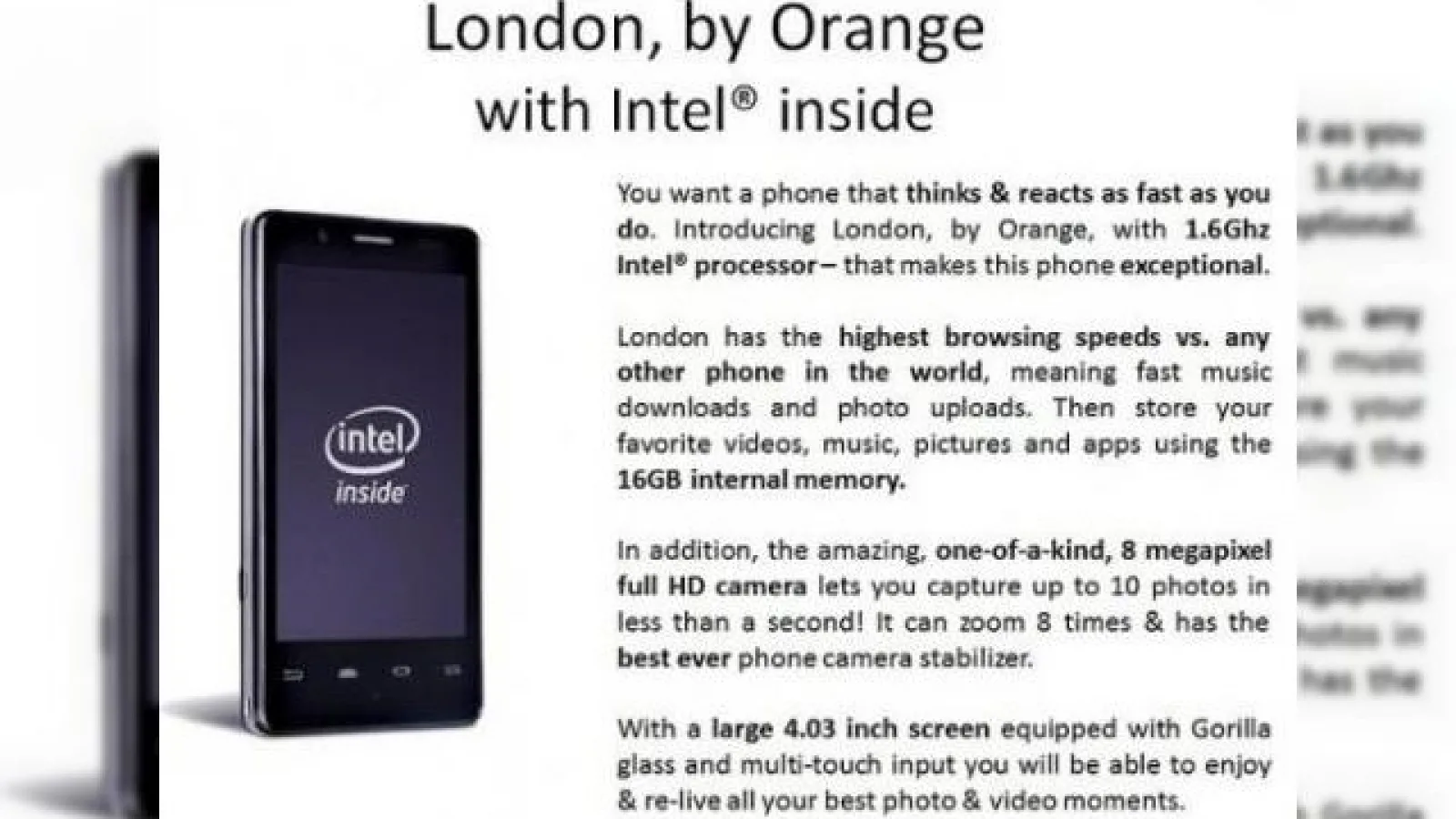 Orange London, un telefon cu procesor Intel apărut Într-un sondaj Orange din greșeală