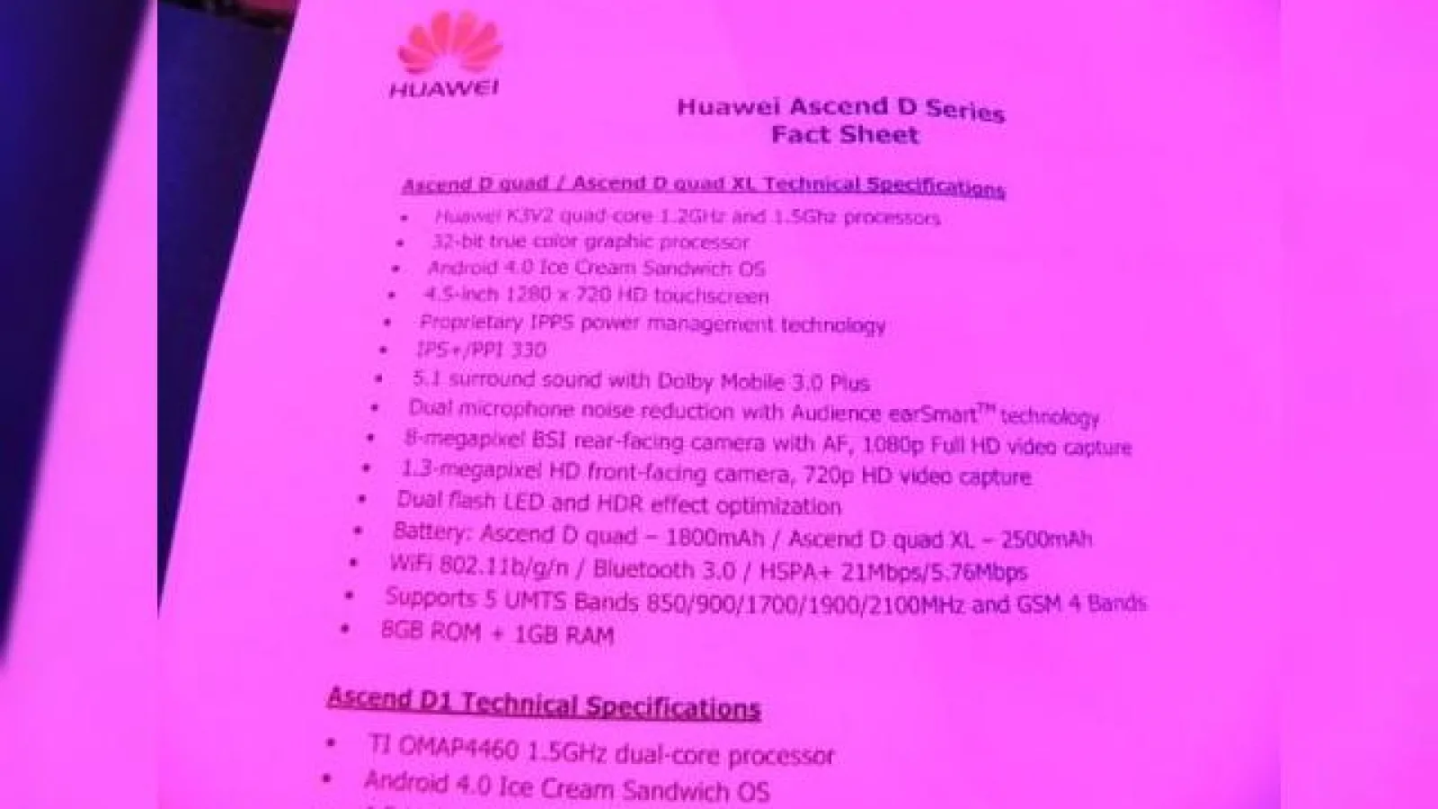 MWC 2012: Huawei Ascend D quad, Ascend D quad XL, Ascend D1 - specificații complete
