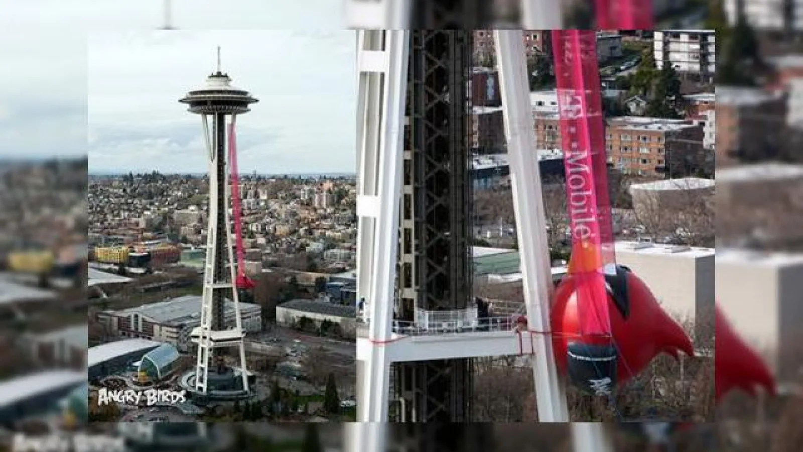 Un Angry Bird uriaș se pregătește de lansare În spațiu, atârnat de turnul Space Needle din SUA