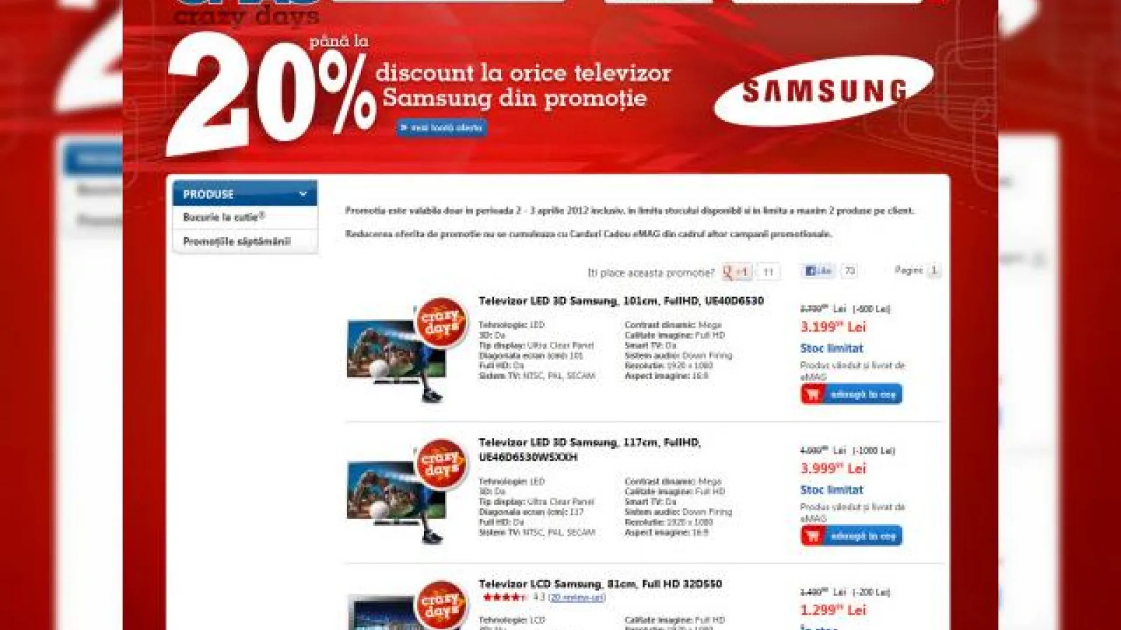 Reducerile Crazy Days continua la eMAG, astăzi cu televizoare Samsung cu discount 20%