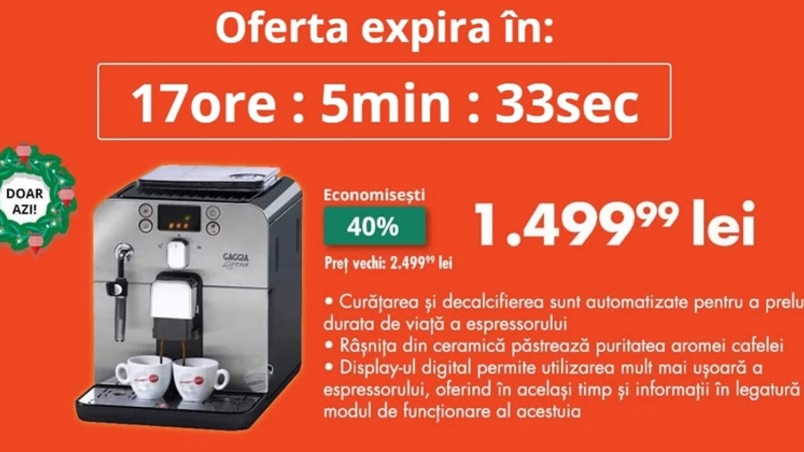 OCAZIA ZILEI pe FLANCO: Espressor automat Gaggia Brera la 1499 lei!