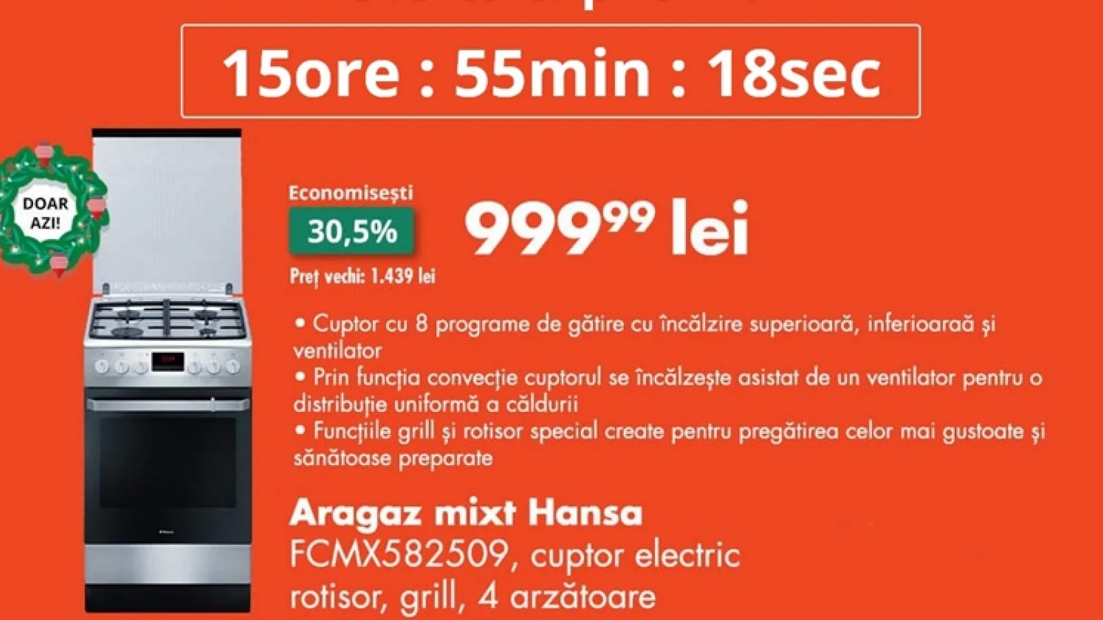 OCAZIA ZILEI pe FLANCO: Aragaz Hansa FCMX582509, cuptor electric, Rotisor, Grill, 4 arzătoare la doar 999 lei!