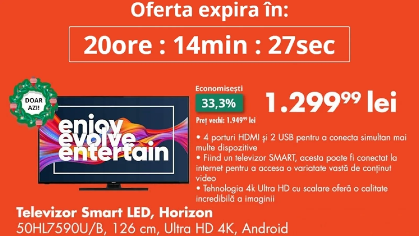 OCAZIA ZILEI pe FLANCO: Smart TV LED, Horizon 50HL7590U/B, diagonală 126 cm, Ultra HD 4K la doar 1299 lei!
