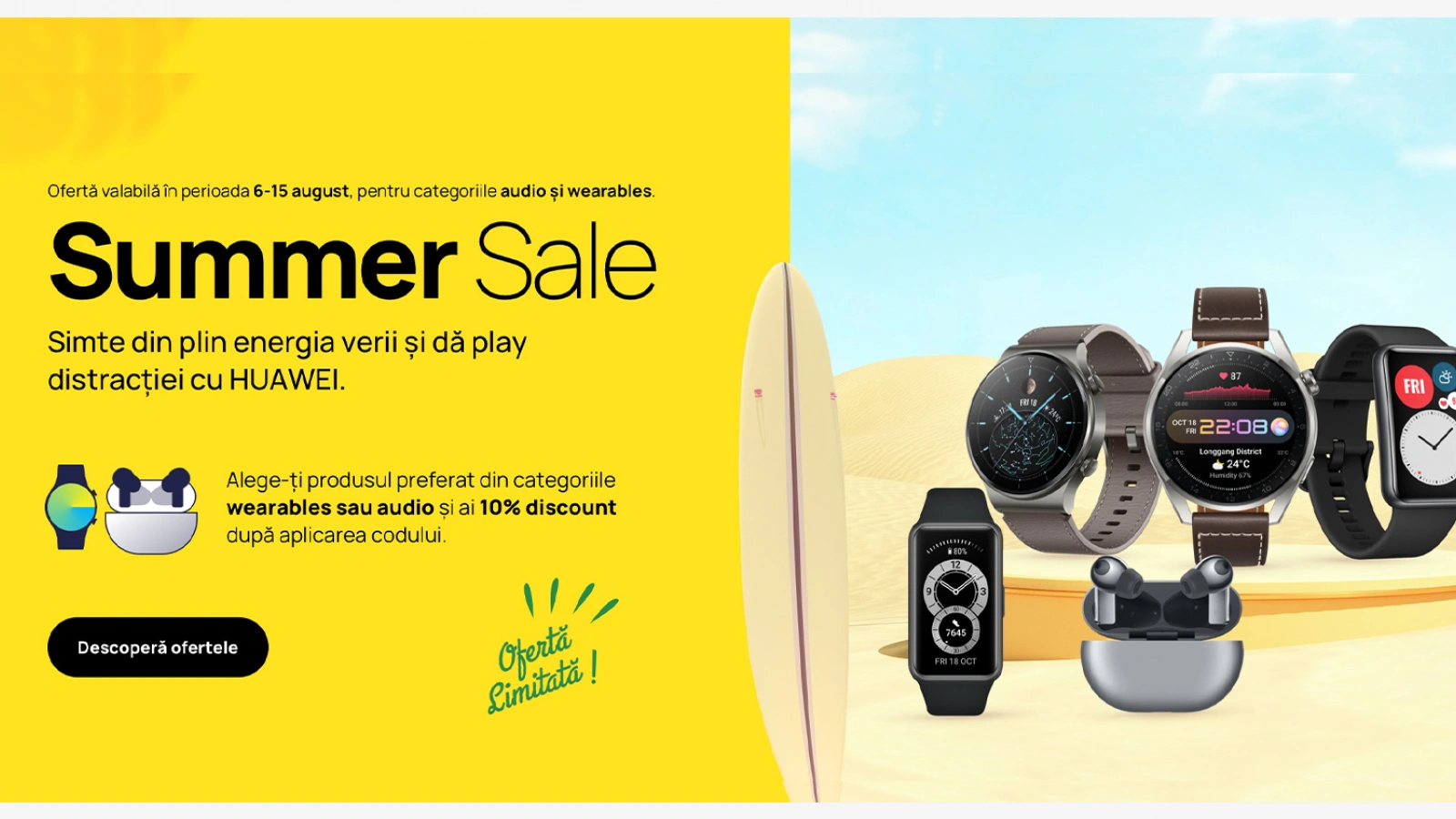 Campania Summer Sale aduce o serie de reduceri pentru smartwatch-urile și căștile de pe Huawei Store