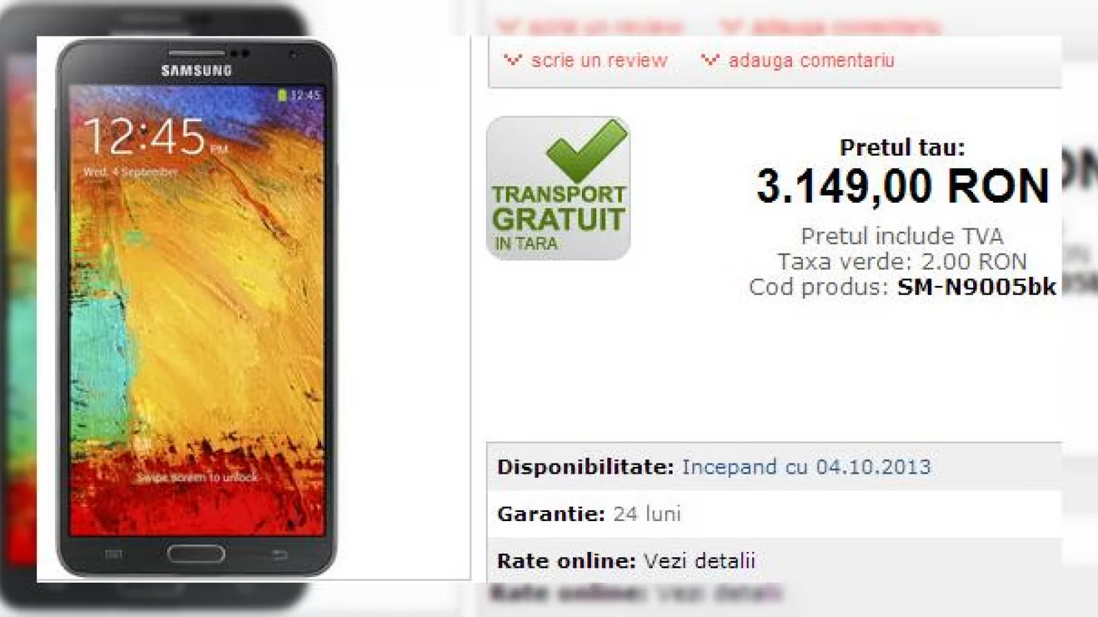 Prețul lui Samsung Galaxy Note 3 afișat de un retailer din România; Telefonul e la precomandă!