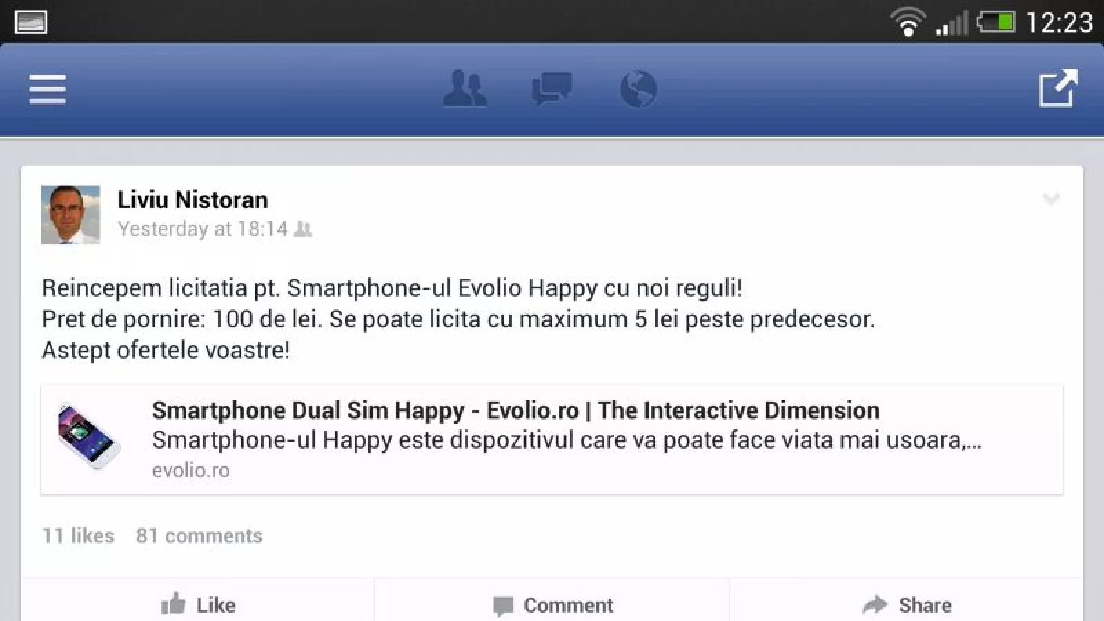 Licitează pentru un smartphone Evolio Happy, preț de pornire 100 lei!