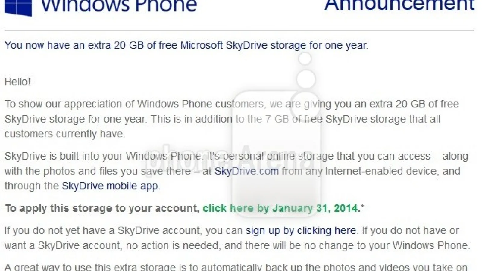 Microsoft oferă Încă 20 GB gratuit În SkyDrive pentru utilizatorii Windows Phone