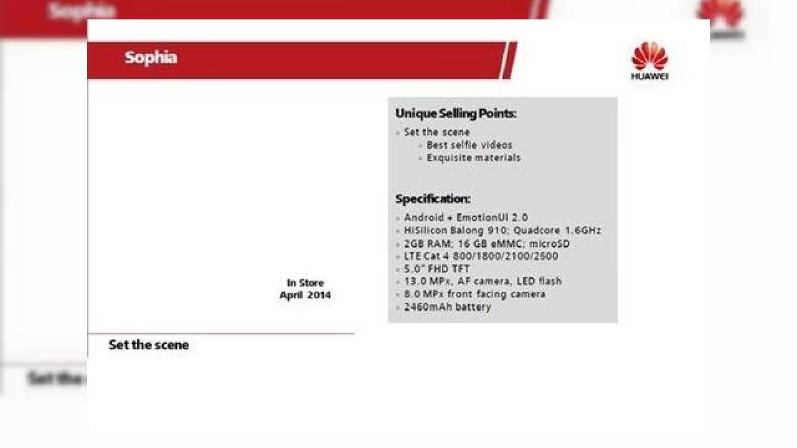 Huawei Ascend P7 apare În primele zvonuri, sub numele de cod Sophia; Va rula Android 4.4.2 la lansare