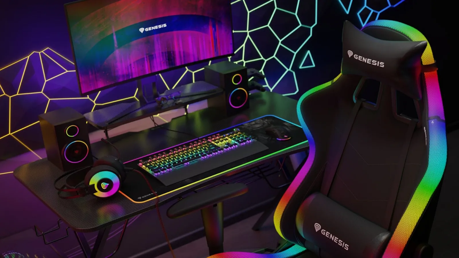Genesis oferă un setup de gaming cu iluminare RGB, la sub 3000 de lei: tastatură, mouse, scaun gaming, birou gaming