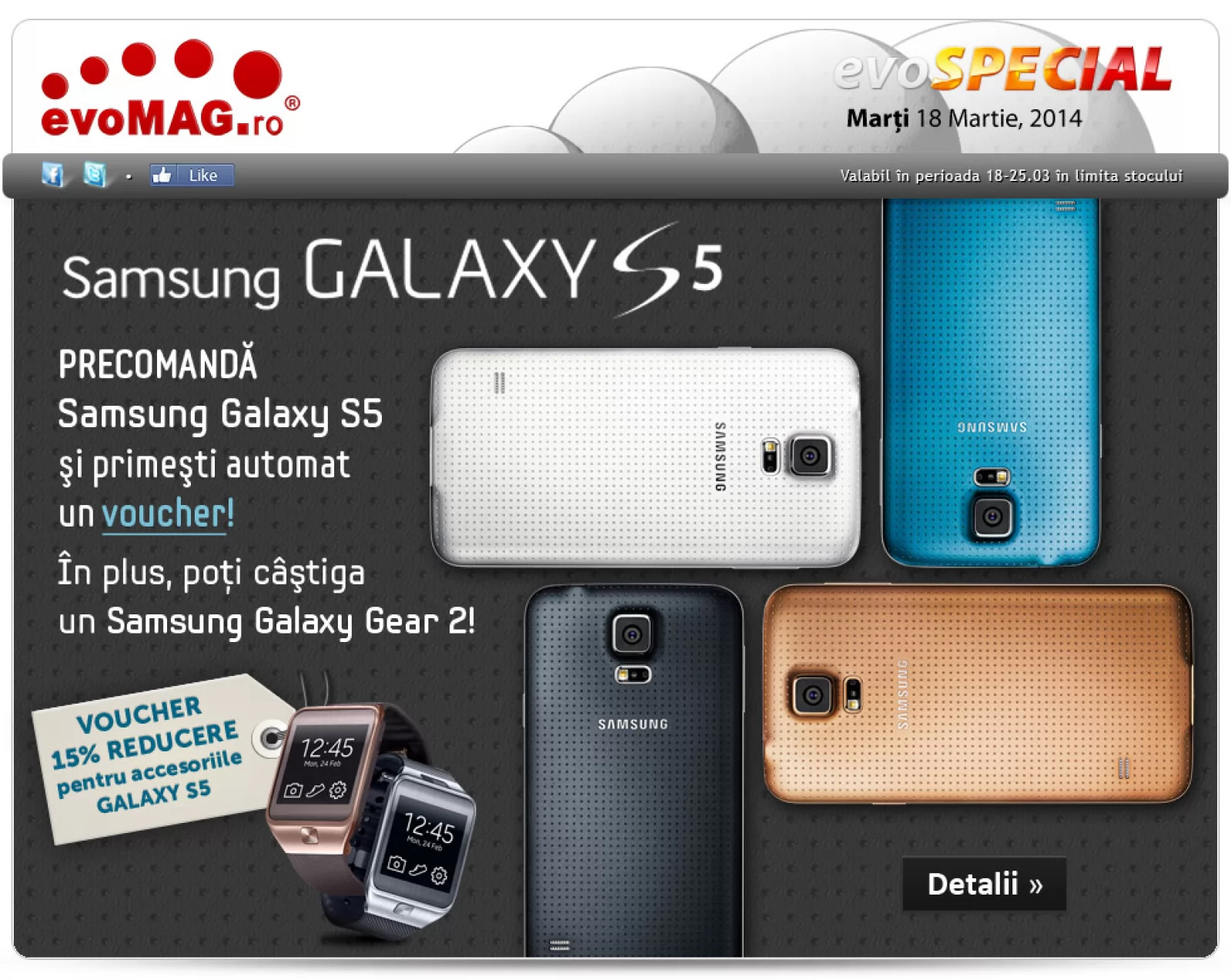 Precomanda lui Samsung Galaxy S5 la evoMAG.ro Îți aduce automat și un premiu... și un voucher!