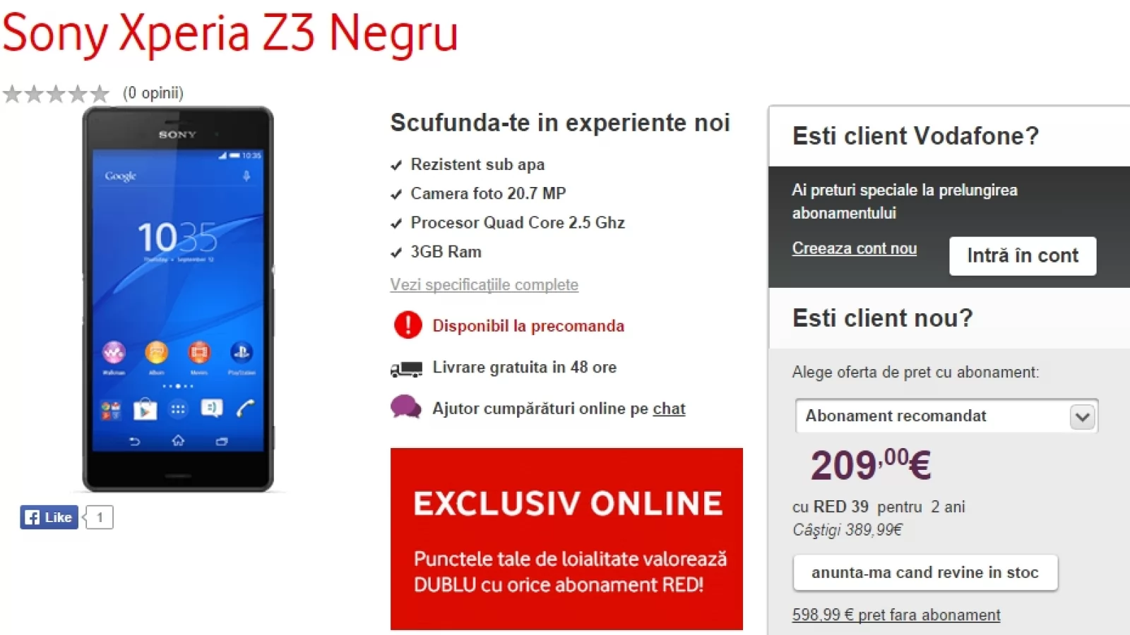Sony Xperia Z3 disponibil acum la pre-comandă prin intermediul operatorului Vodafone la un preț de 590 euro (aproximativ 2.590 lei)