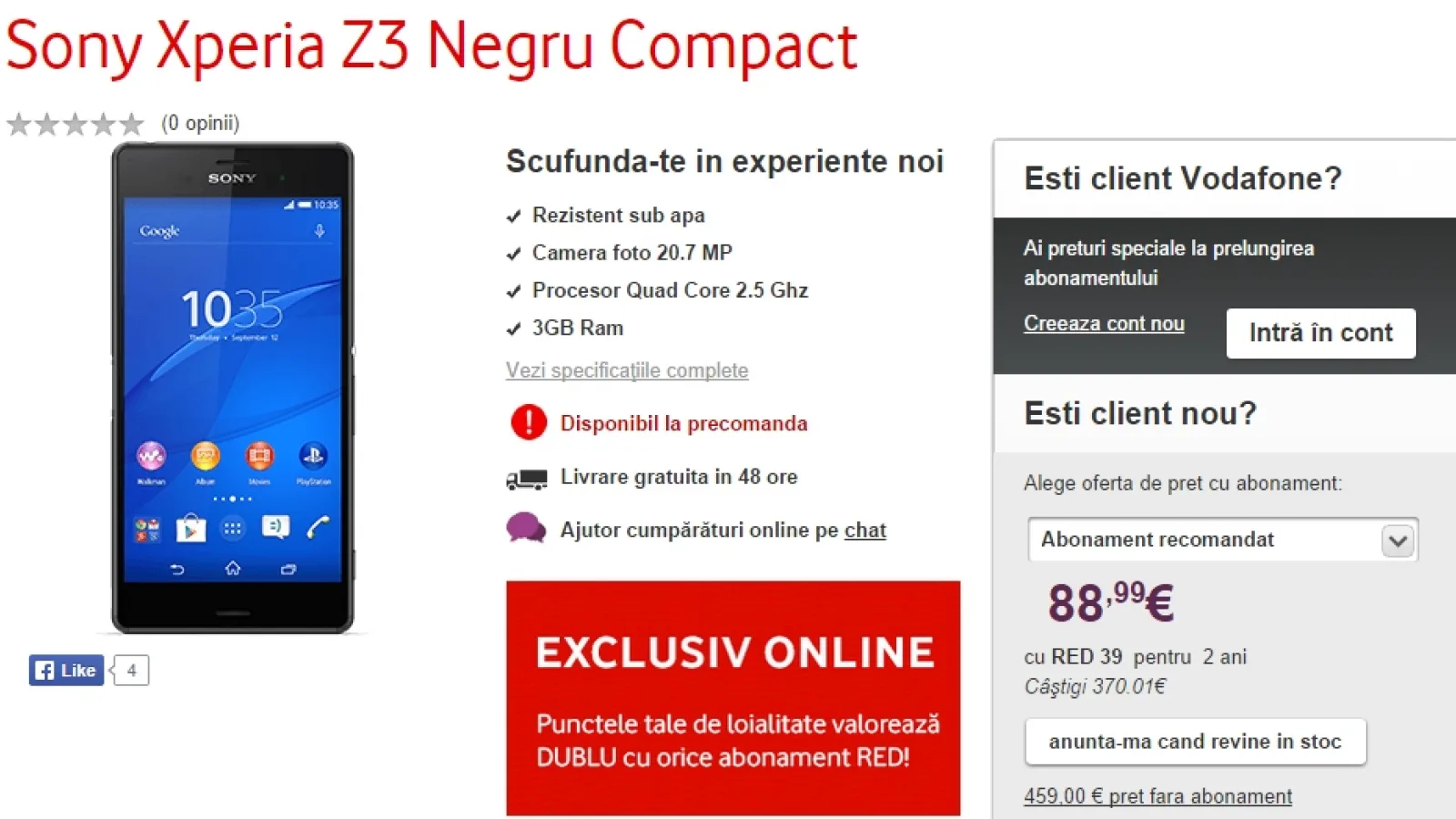 Sony Xperia Z3 Compact intră Într-un program de pre-comenzi derulat În aceste momente de către Vodafone