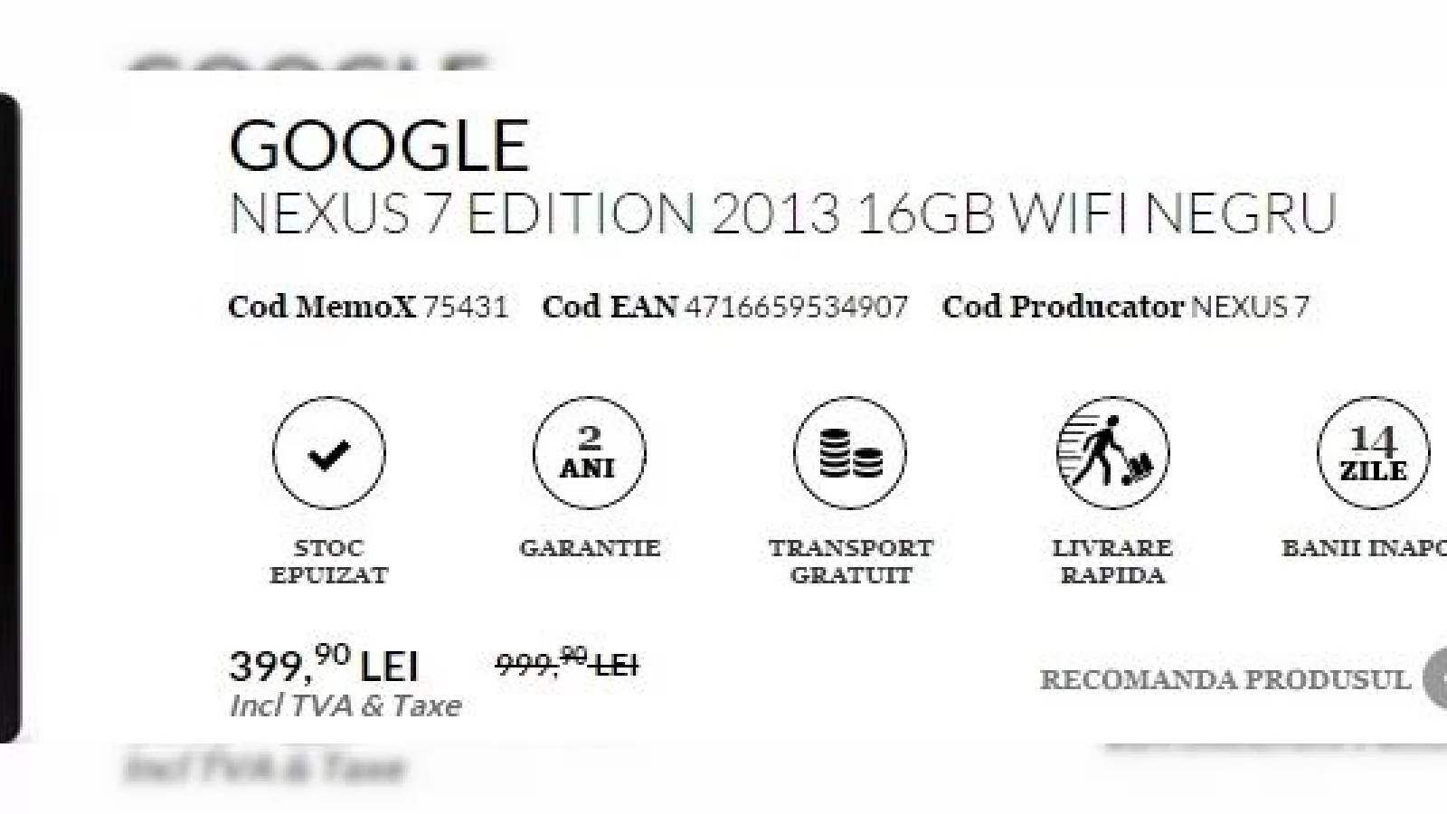 Tableta Google Nexus 7 16 GB WiFi disponibilă acum la un super-preț de doar 399 lei prin QuickMobile.ro