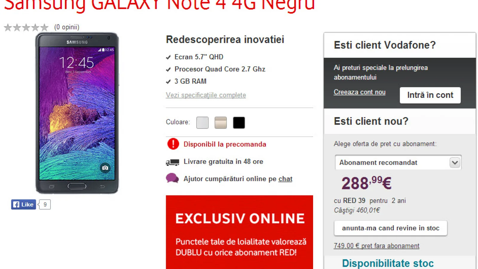 Samsung Galaxy Note 4 disponibil de azi la precomanda la Vodafone România