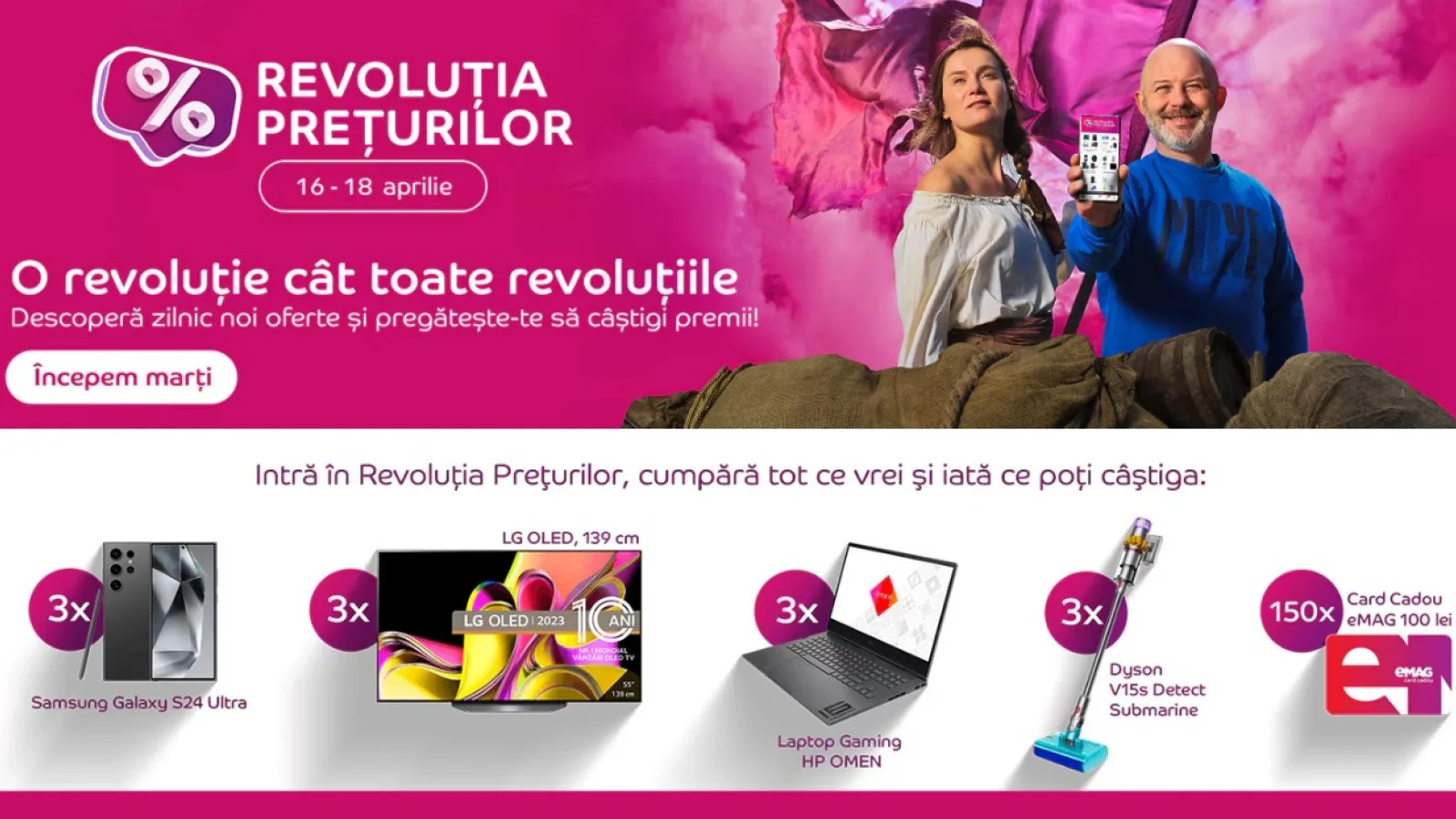 Revoluția Prețurilor începe pe 16 aprilie la eMAG și poți câștiga telefoane Galaxy S24 Ultra, televizoare OLED, laptop-uri și multe alte premii atractive