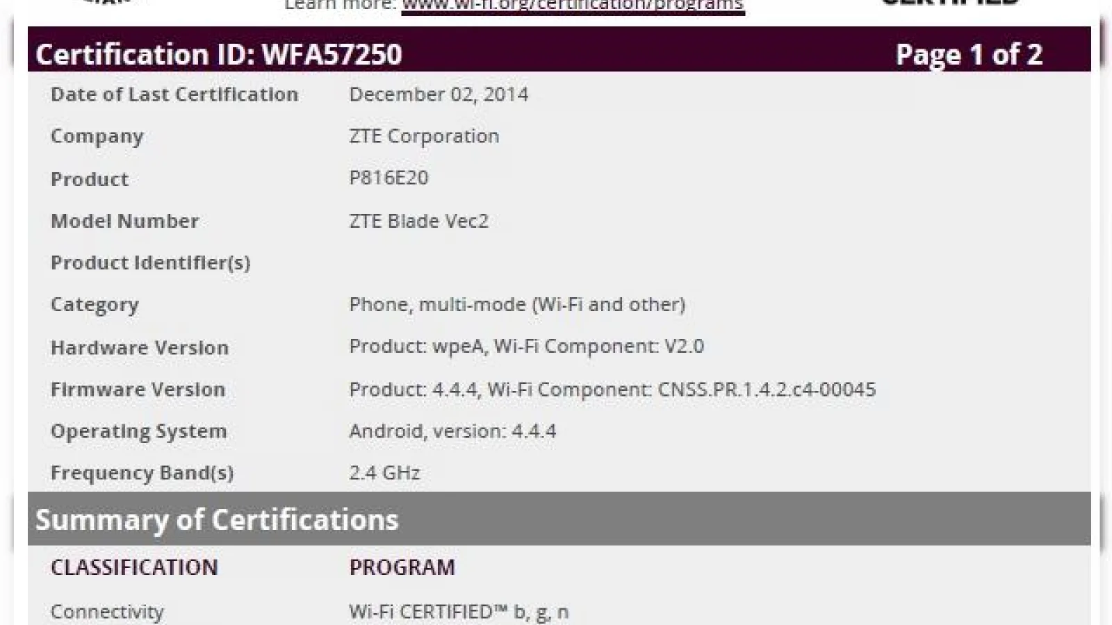 ZTE Blade Vec2 primește certificare din partea agenției Wi-Fi Alliance