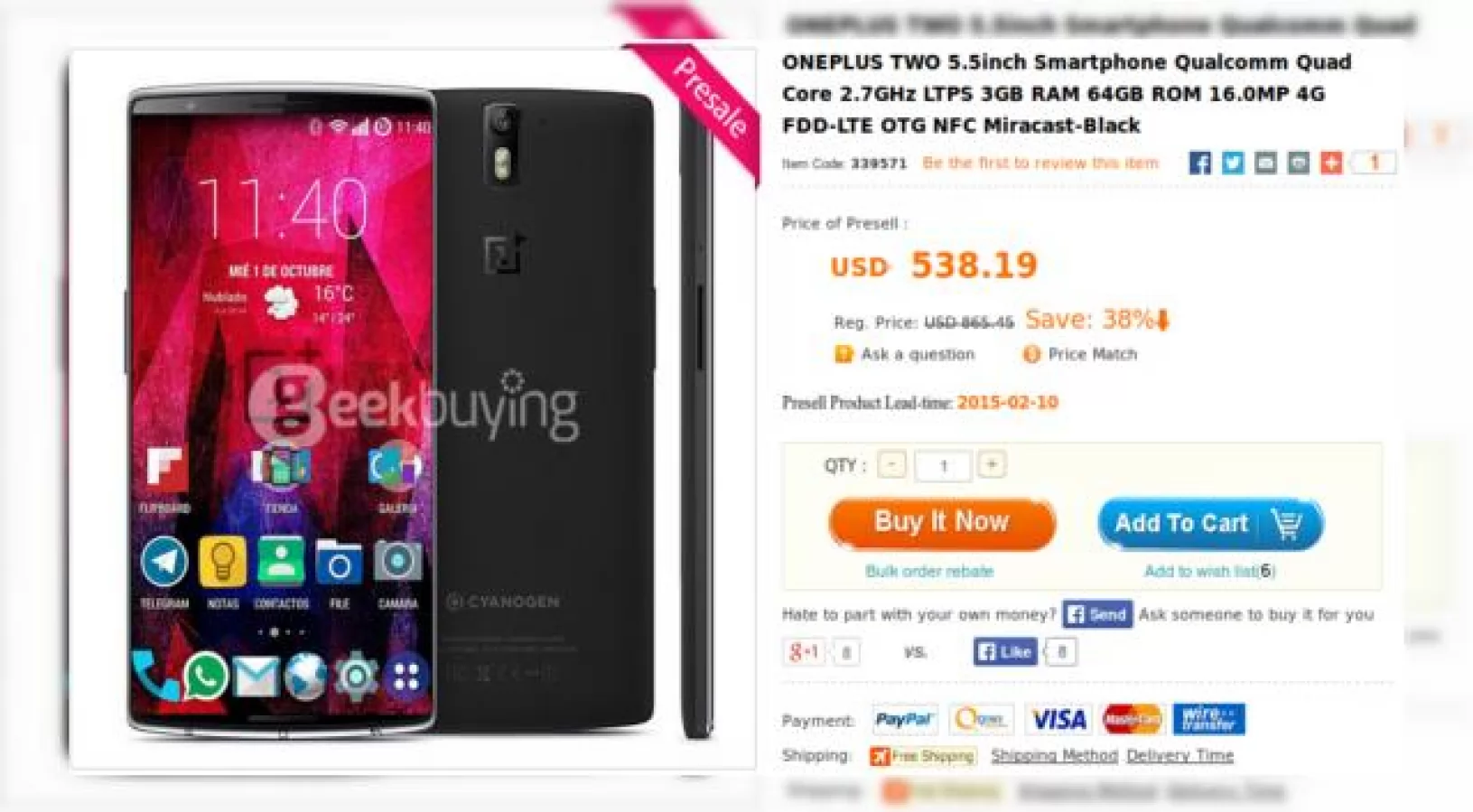 OnePlus Two listat din nou de un retailer din China, Împreună cu o serie de specificații și preț