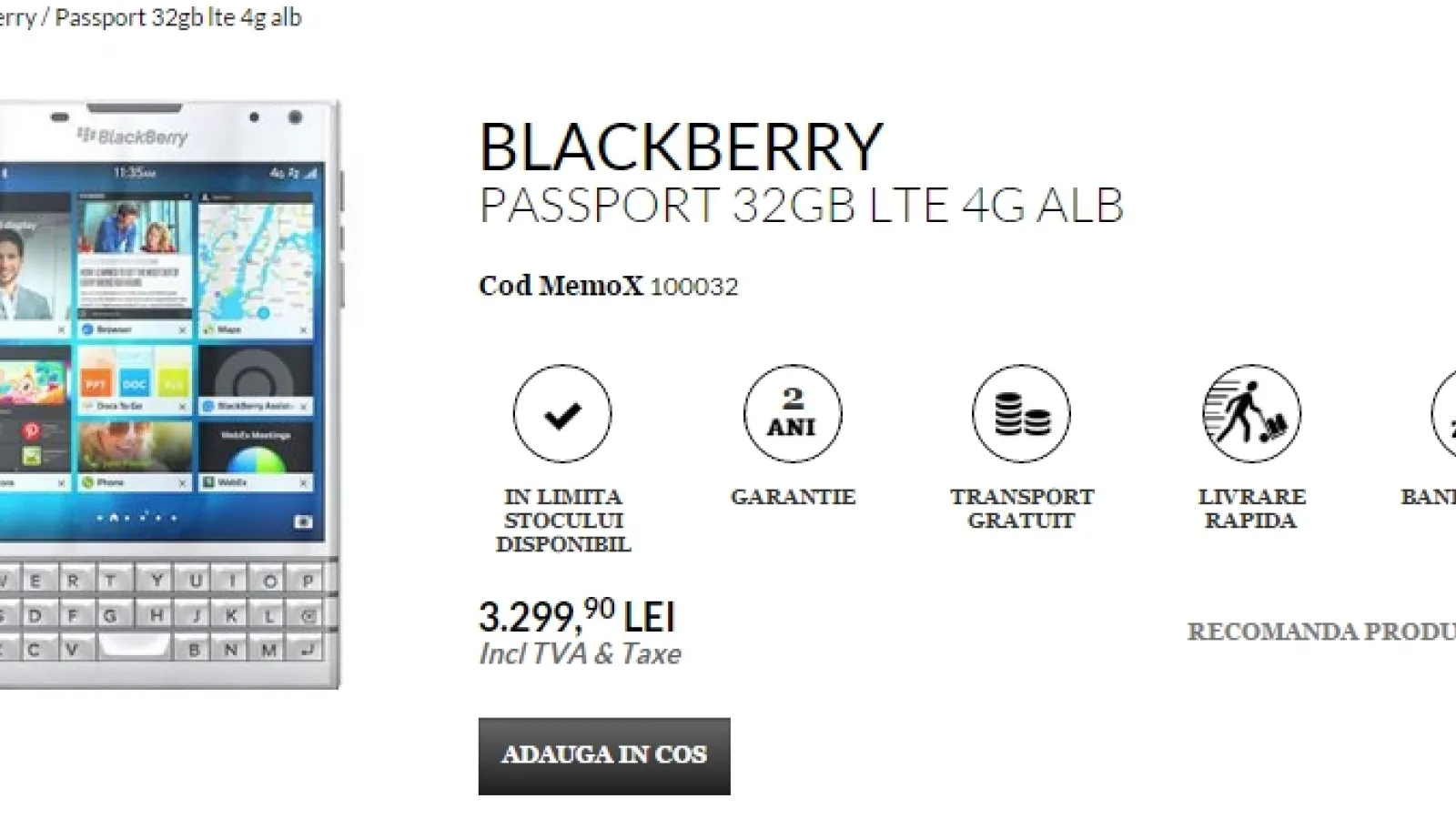Varianta de culoare albă a lui BlackBerry Passport disponibilă la QuickMobile