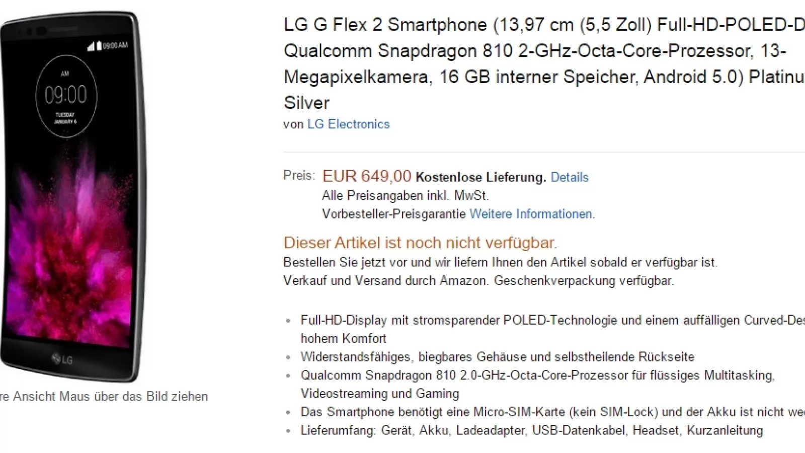 LG G Flex 2 suferă o majorare la capitolul preț pe Amazon.de; disponibil acum pentru 649 euro