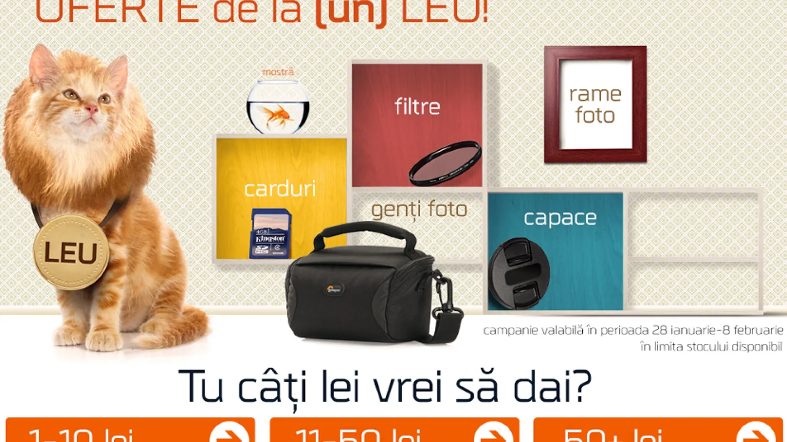 F64.ro oferă În perioda 28 ianuarie - 8 februarie produse cu prețuri Începând de la 1 leu; cardul SanDisk SDHC de 32 GB are o reducere de 45%