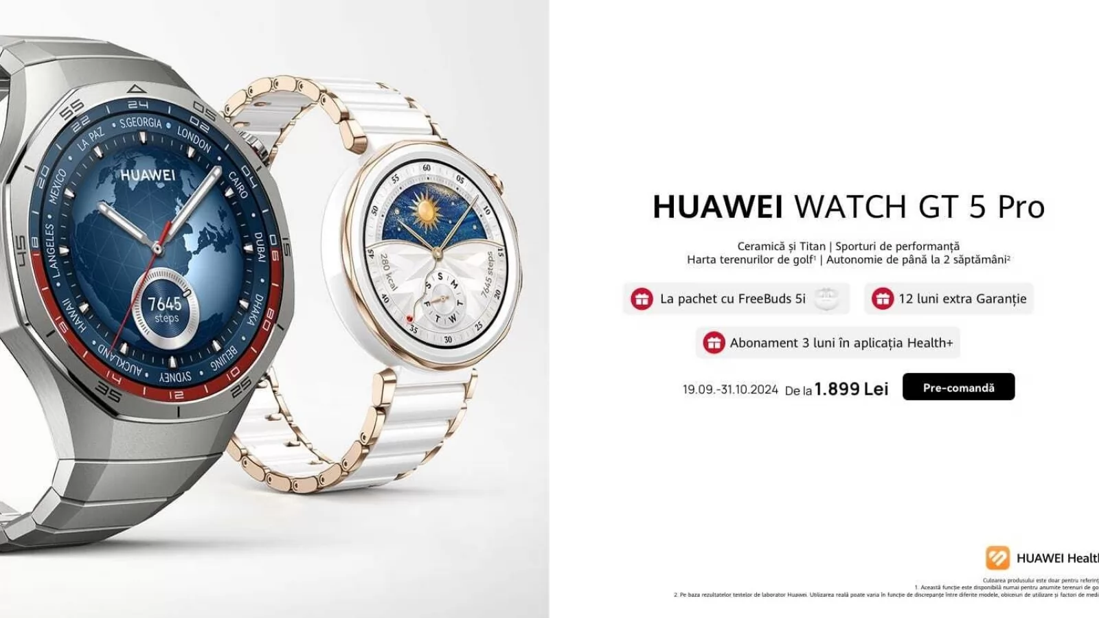 HUAWEI GT 5 și GT 5 Pro au debutat: Smartwatch-uri fabricate din ceramică și titan cu autonomie de până la 2 săptămâni, disponibile de azi în România