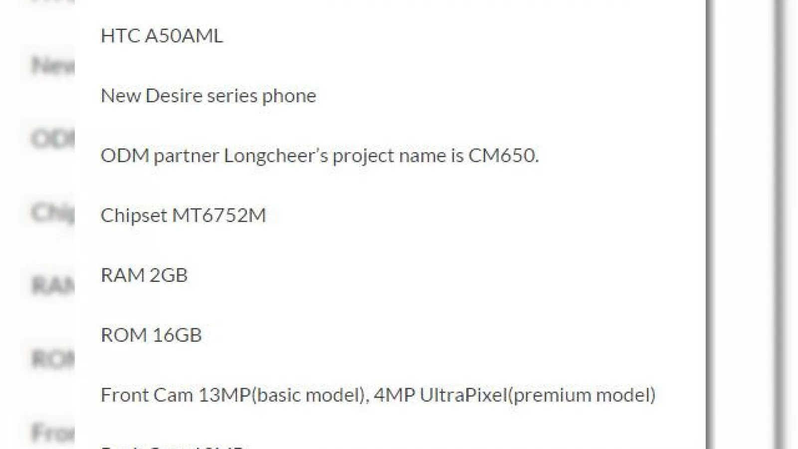 HTC A50AML ajunge pe web, ar putea fi un nou telefon din seria Desire, cu cameră Ultrapixel frontală