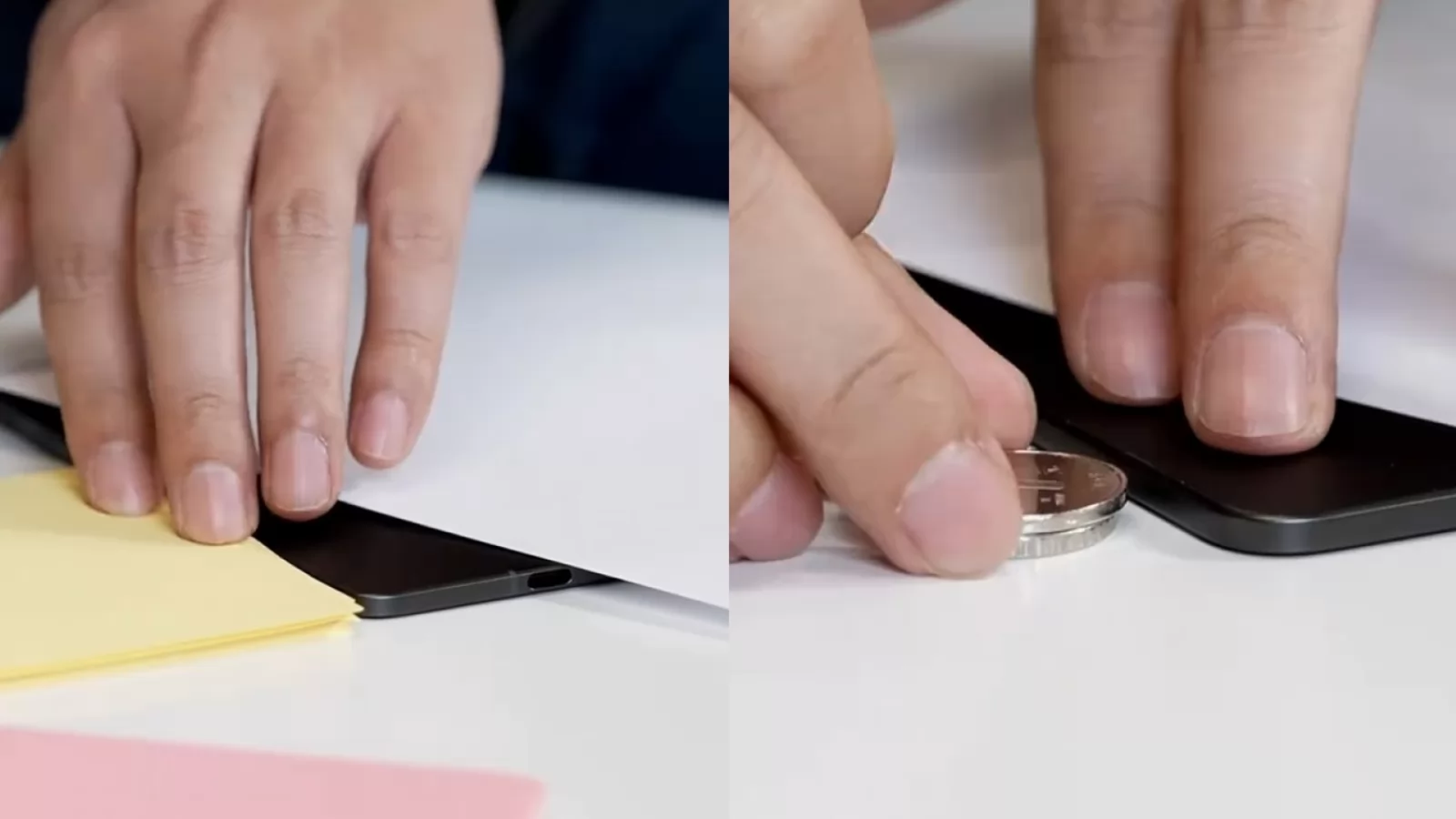 Talia lui OPPO Find N5 / OnePlus Open 2 comparată folosind monede, cărți de identitate, sticky notes; Sub 4 mm?