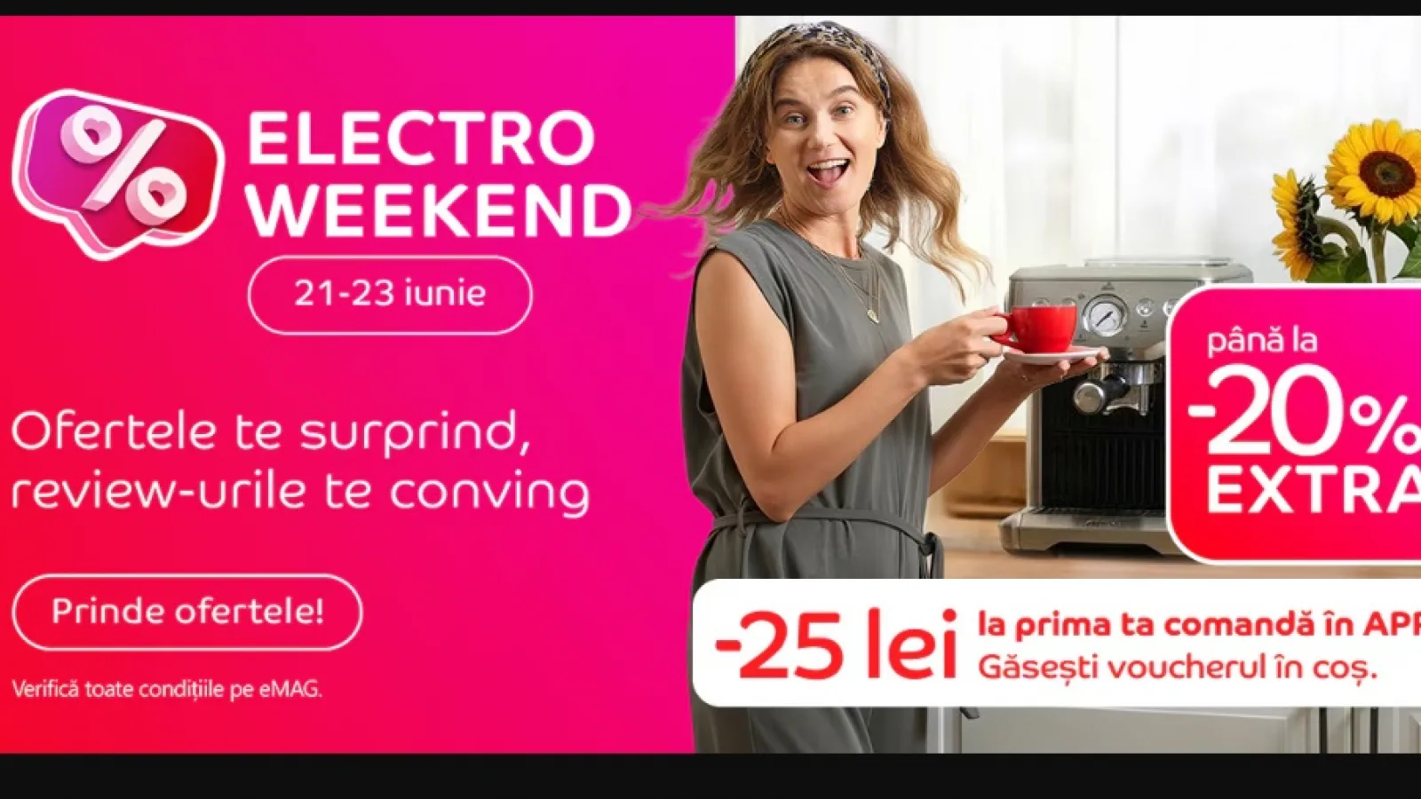 eMAG Electro Weekend vine cu extra reduceri de până la 20% la televizoare, smartphone-uri, gadget-uri și aparate de aer condiționat (21-23 iunie)