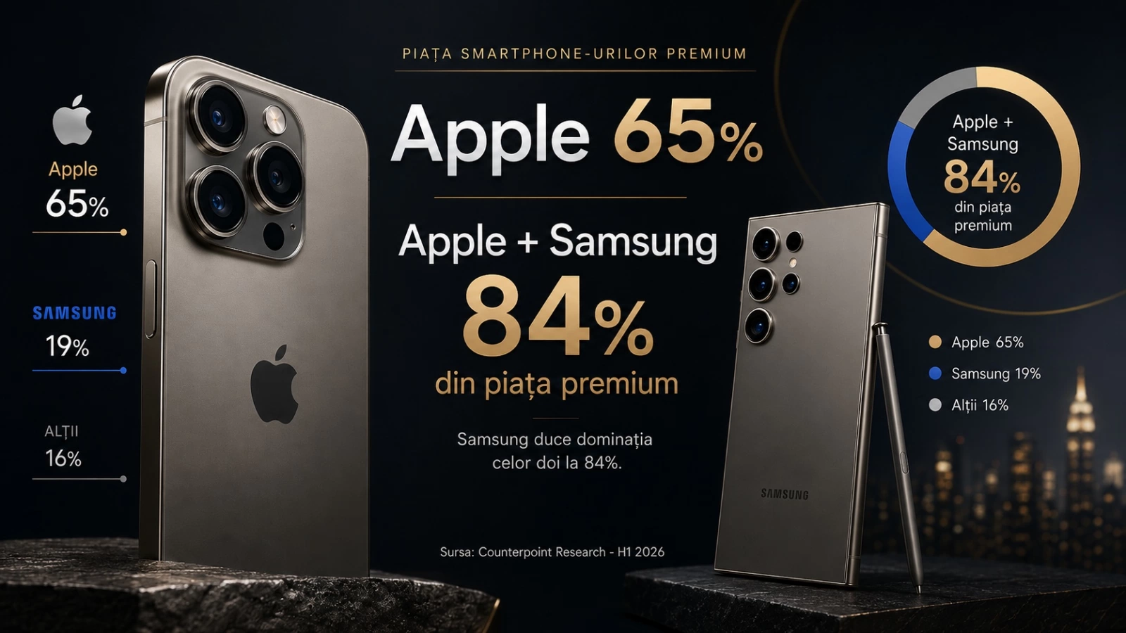 Apple ia 65% din piața telefoanelor premium; Samsung duce dominația celor doi la 84%