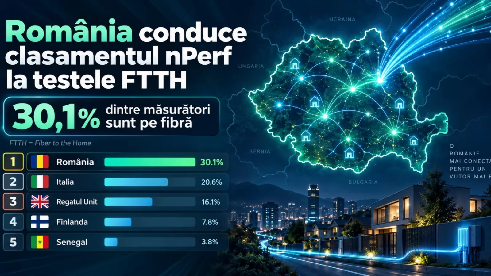 România conduce clasamentul nPerf la testele FTTH: 30.1% dintre măsurători sunt pe fibră