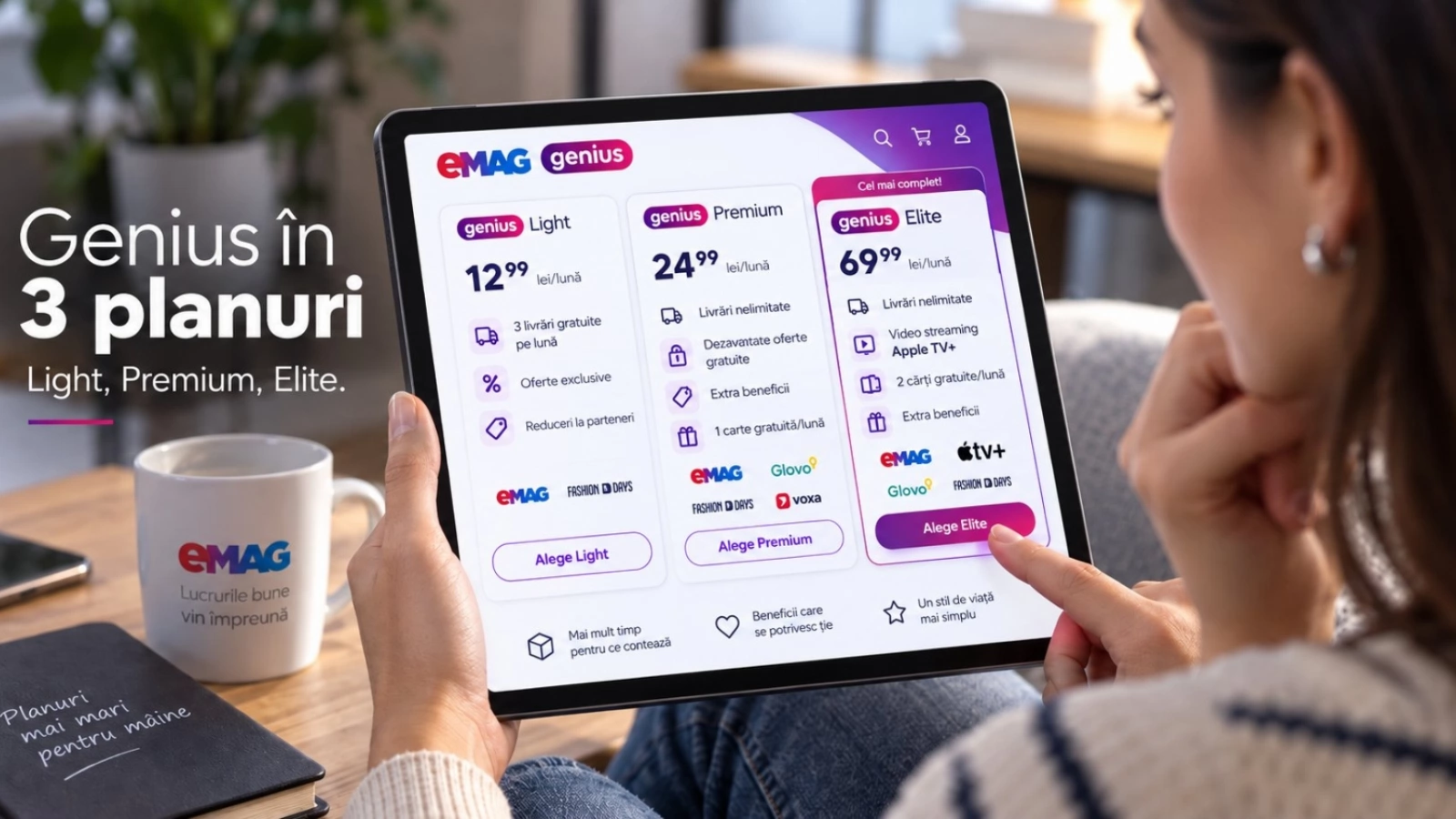eMAG împarte Genius în trei abonamente progresive; Planul „Light” îți aduce doar 3 livrări gratuite lunar, în timp ce „Elite” vine cu Apple TV la pachet