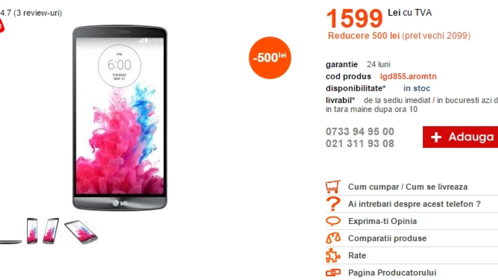LG G3 în versiunea cu 3 GB RAM costă acum 1.599 lei la Cel.ro