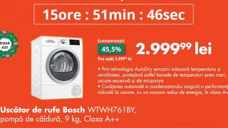 OCAZIA ZILEI pe FLANCO: Uscător de rufe Bosch WTWH761BY cu pompă de căldură, capacitatea 9 kg, la 2999 lei