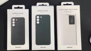 Husele oficiale pentru Galaxy S22, S22+ și S22 Ultra apar în imagini reale! Variante din piele și smart, Clear View Cover