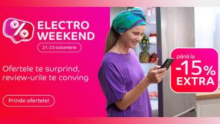 Electro Weekend în perioada 21-23 octombrie la eMAG: Smartphone-uri, laptopuri, smart TV-uri și electrocasnice cu până la 15% extra-discount