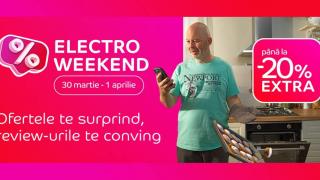 Electro Weekend la eMAG în perioada 30 martie - 1 aprilie; Extra-discount de până la 20% la telefoane și tablete, televizoare, smartwatch-uri, electrocasnice mari și mici