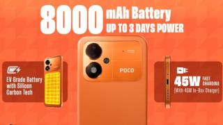 POCO M8 Power e portocaliu și bine bazat la capitolul baterie, cu 8000 mAh pentru 14 ore de gaming continuu