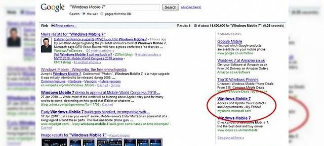 Reclame la Windows Mobile 7 apar acum in rezultatele de cautare Google; Urmeaza prezentarea oficiala la MWC?