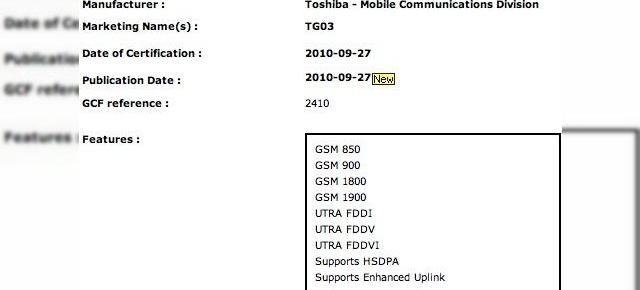 Toshiba TG03, inca un telefon Windows Phone 7?