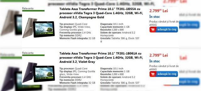 Tableta quad-core ASUS Transformer Prime, acum disponibilă la eMAG prin precomandă; Preț de 2.799 lei!