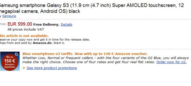 Samsung Galaxy S III disponibil la precomandă pe Amazon Germania, la preț de 599 euro