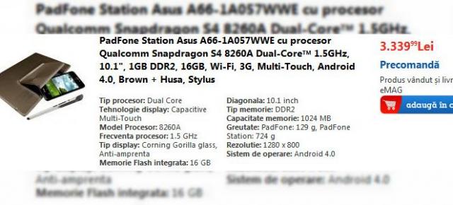 Uberpachetul de gadgeturi ASUS PadFone Station + PadFone + Stylus disponibil la comandă la eMAG.ro