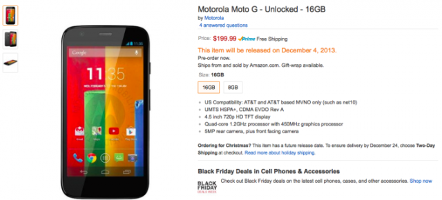 Motorola Moto G disponibil acum pe Amazon, se livrează pe 4 decembrie