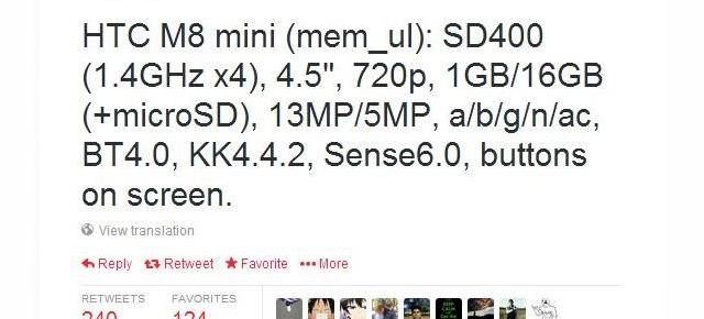 Posibilele specificații ale lui HTC M8 Mini dezvăluite pe Twitter