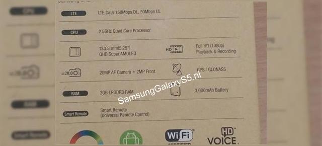 Posibilele specificații ale lui Samsung Galaxy S5 dezvăluite de către cutia acestuia