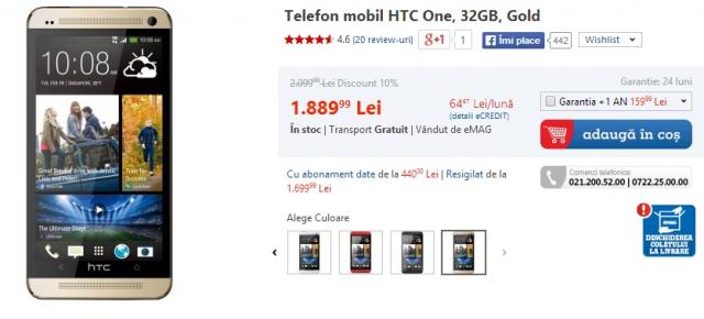 HTC One (M7) În versiunea aurie de 32 GB beneficiază de o reducere de 10% prin eMAG.ro și costă acum 1.889 lei