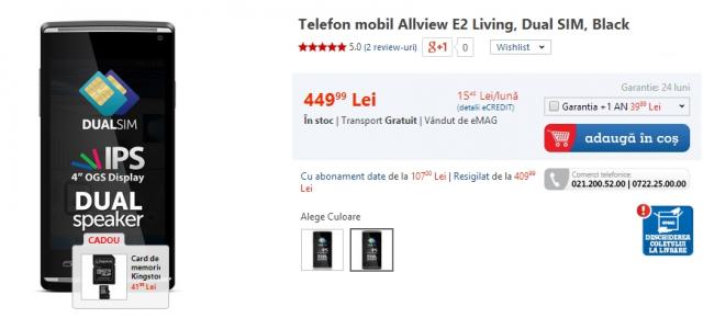 Allview E2 Living, unul dintre cele mai accesibile terminale dual-sim cu Android disponibil acum prin eMAG; vine la pachet cu un card microSD de 16 GB Cadou!