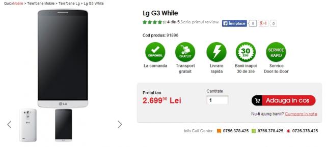 LG G3 În varianta de 16 GB și 2 GB RAM ajunge În stocurile celor de la QuickMobile și MarketOnline la un preț de 2.699 lei respectiv 2.798 lei