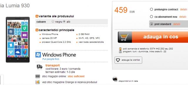 Nokia Lumia 930 ajunge acum prin intermediul Orange la un preț de 2.035 lei fără abonament