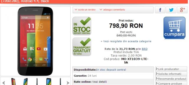 Motorola Moto G (XT1039) În varianta cu 4G LTE coboară sub pragul de 800 lei la MarketOnline.ro